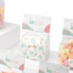 Blokzakje met Topcard met 100 gram Bedrukte Pepermuntjes 23mm