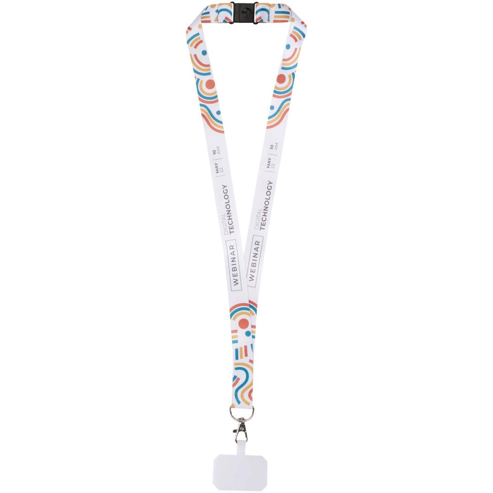 Addie sublimatie RPET-lanyard met telefoonhouder en veiligheidssluiting - zwart, wit