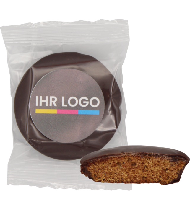 1 stuk Lebkuchen pure chocolade met sticker bedrukt in 4 kleuren