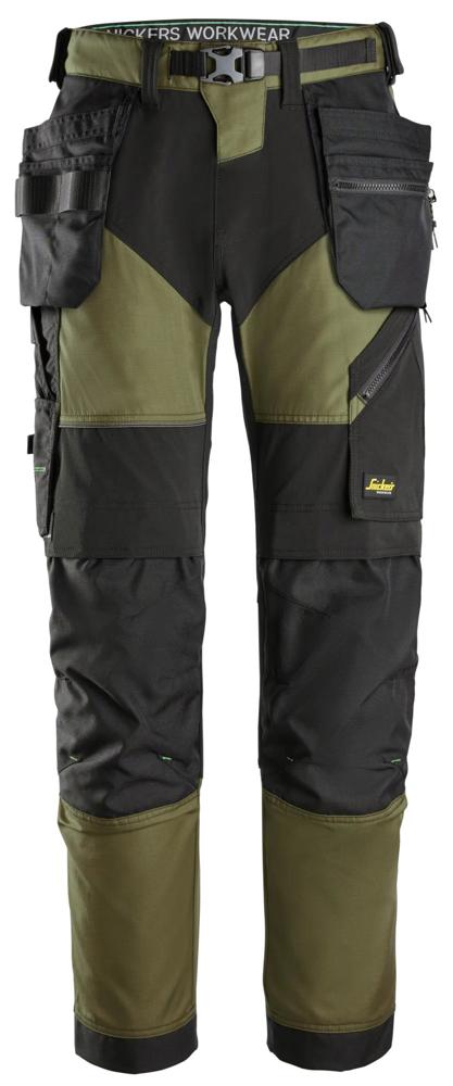 FlexiWork, Werkbroek+ met holsterzakken - Khaki Groen - Zwart (3104)
