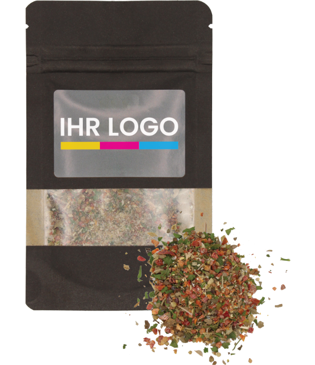 Bruschetta kruiden verpakt in doypack zakje klein zwart