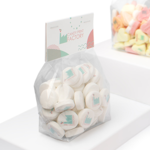 Blokzakje met Topcard met 200 gram Bedrukte Pepermuntjes 23mm
