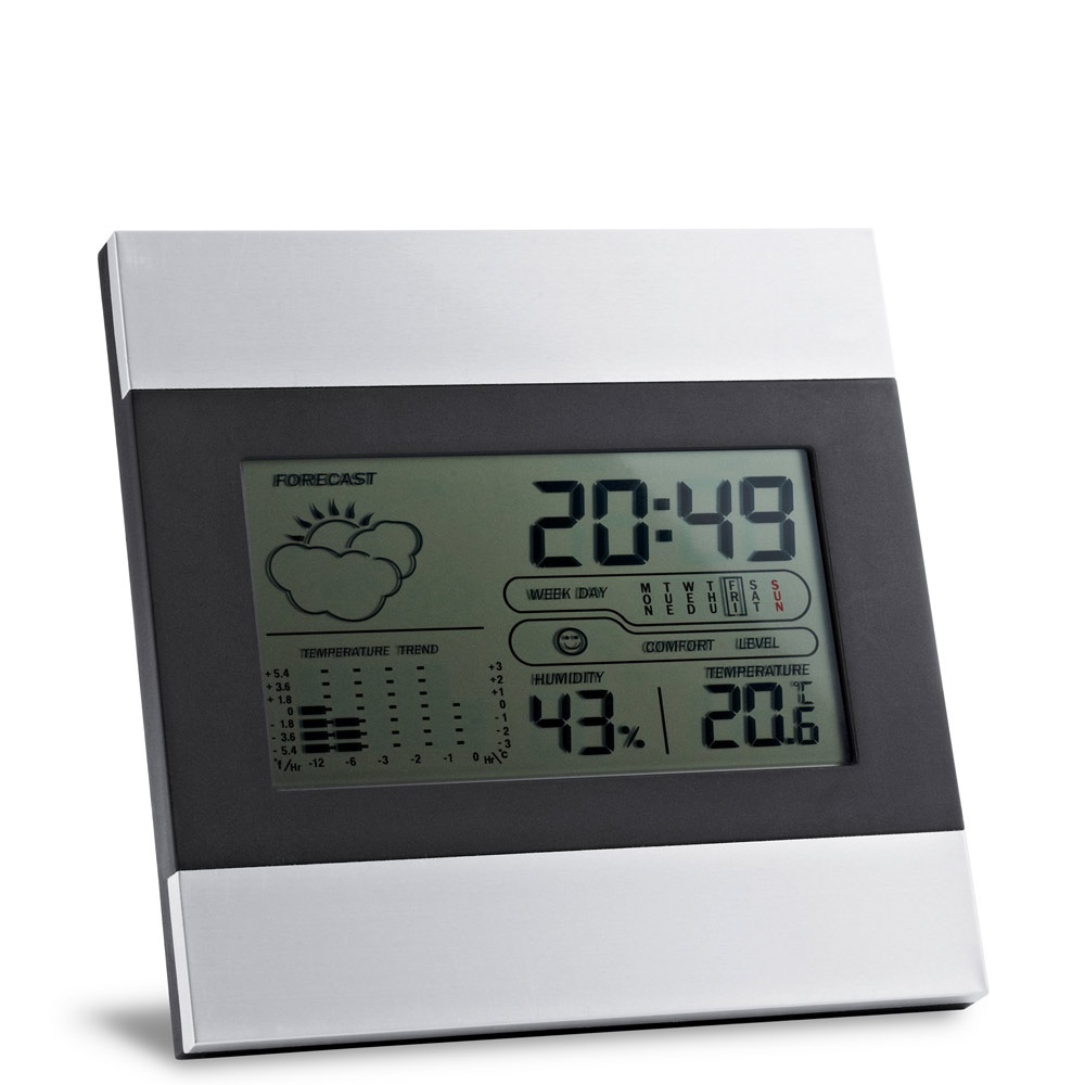 DENE. Desktop weerstation met aluminium en ABS LCD scherm